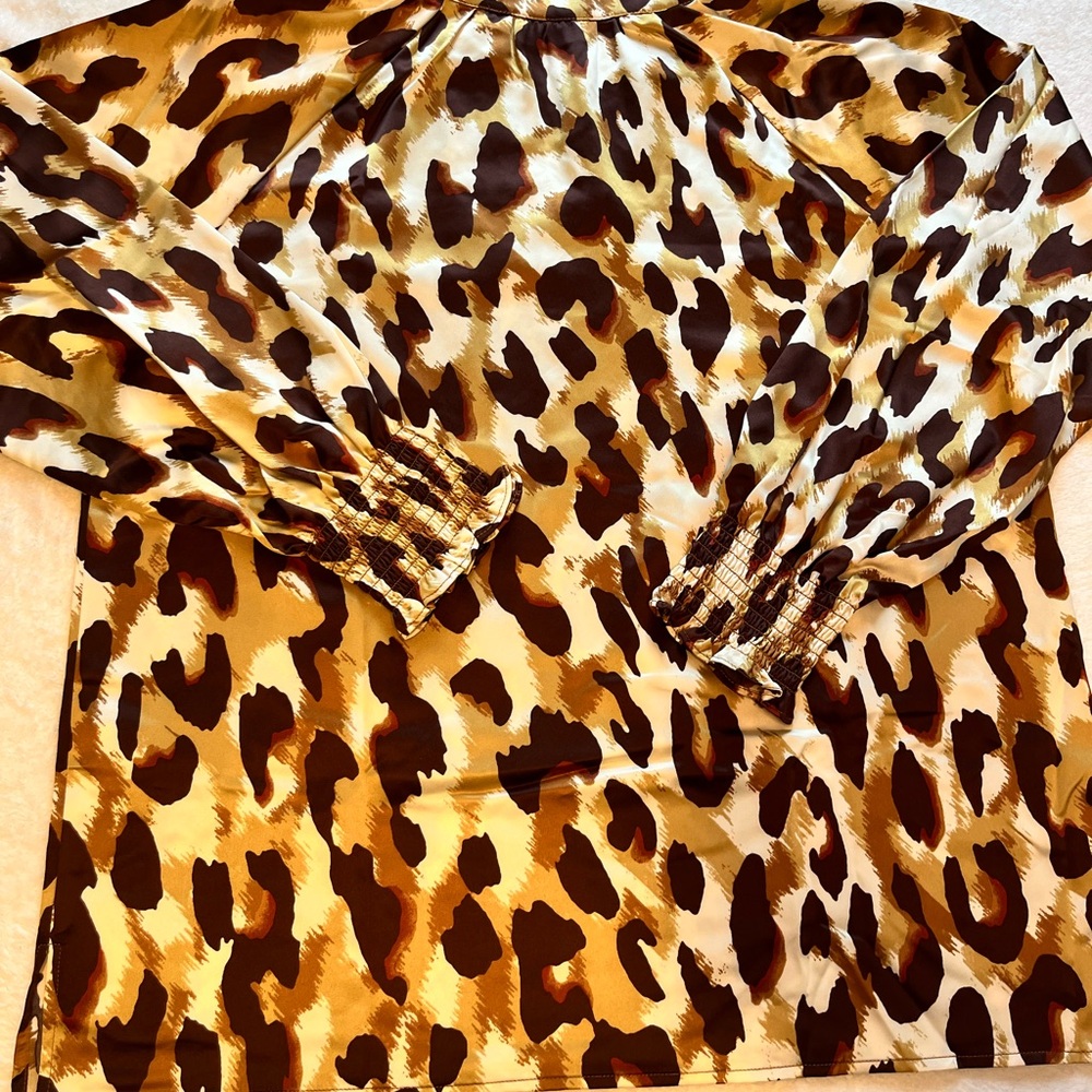 Belle by Kim Gravel Satin Leopard-Style Blouse in Brown, Gold & Ivory - Picture 4 of 4